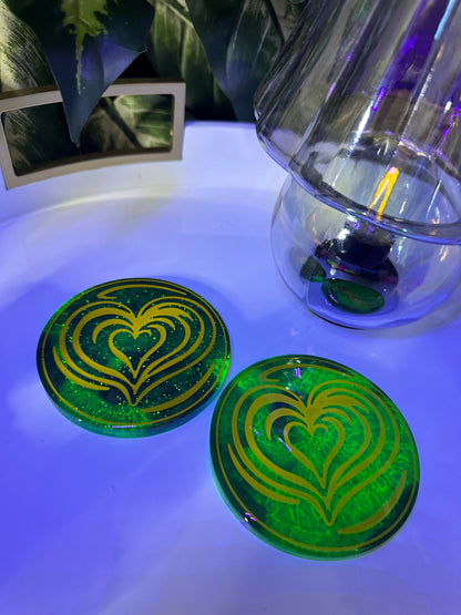 Emerald Glow Heart Coasters