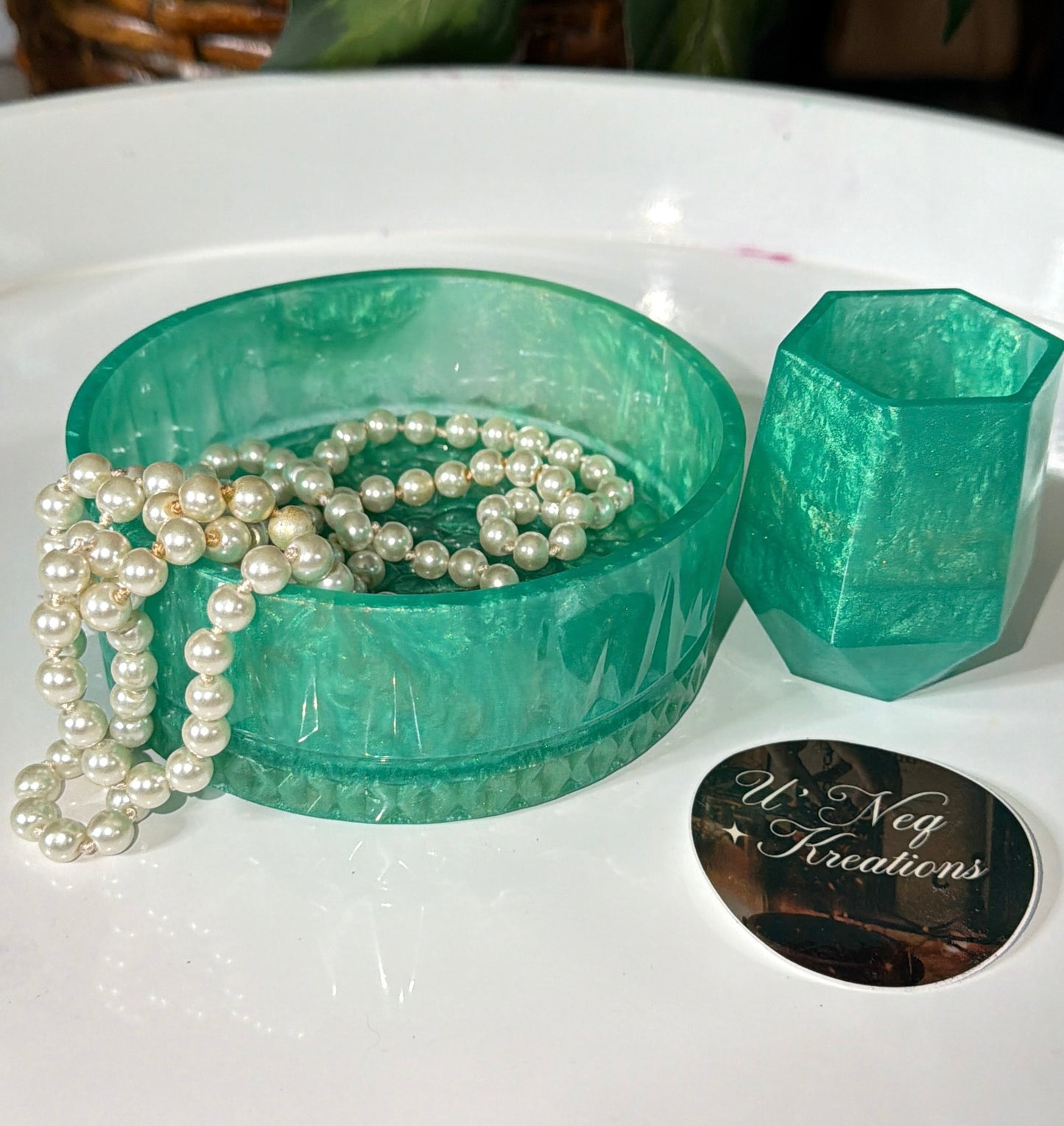 Shimmery Green Teal Bowl & Jar
